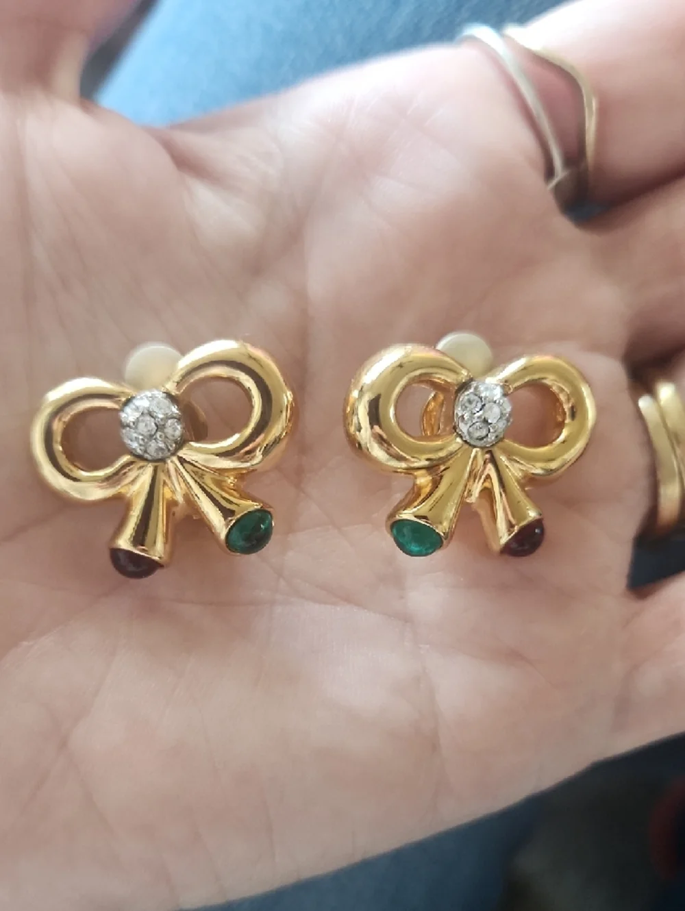 Vintage Joan Rivers Gold Bow Brooch and Earrings Set with Red‎ & Green Stones
